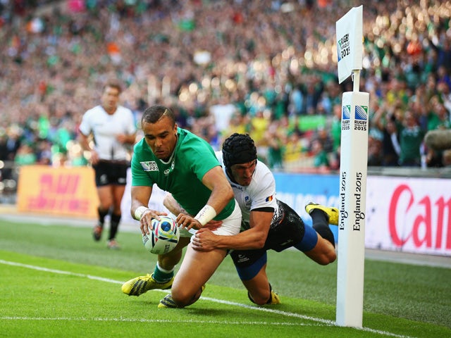 Simon Zebo of Ireland goes over for a try which was disallowed during the 2015 Rugby World Cup Pool D match between Ireland and Romania at Wembley Stadium on September 27, 2015