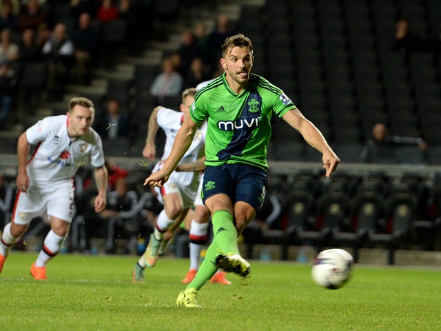 Jay Rodriguez of Southampton scoring their fourth goal from the penalty spot during the Capital One Cup third round match between MK Dons and Southampton at Stadium mk on September 23, 2015