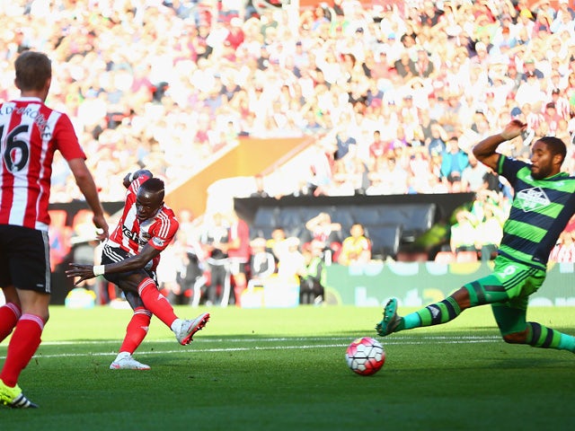 Sadio Mane of Southampton scores his team's third goal during the Barclays Premier League match between Southampton and Swansea City at St Mary's Stadium on September 26, 2015