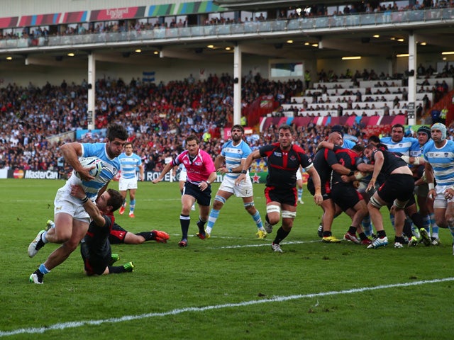 Tomas Cubelli of Argentina scores his teams second try during the 2015 Rugby World Cup Pool C match between Argentina and Georgia at Kingsholm Stadium on September 25, 2015