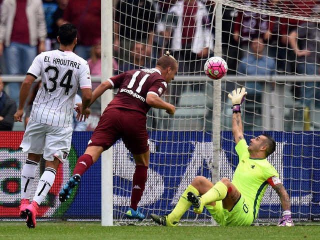 Maxi Lopez of Torino scores the opening goal during the Serie A match between Torino FC and US Citta di Palermo at Stadio Olimpico di Torino on September 27, 2015