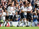 Eric Dier (2nd R) of Tottenham Hotspur celebrates scoring his team's first goal with his team mates during the Barclays Premier League match between Tottenham Hotspur and Manchester City at White Hart Lane on September 26, 2015