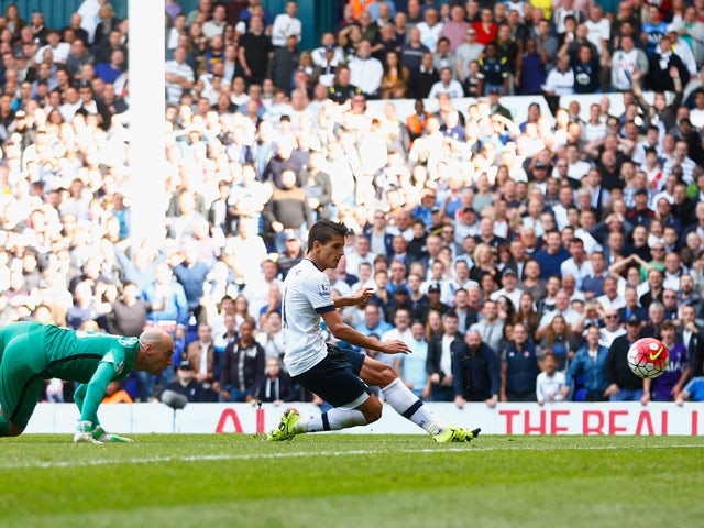 Erik Lamela of Tottenham Hotspur scores his team's fourth goal during the Barclays Premier League match between Tottenham Hotspur and Manchester City at White Hart Lane on September 26, 2015