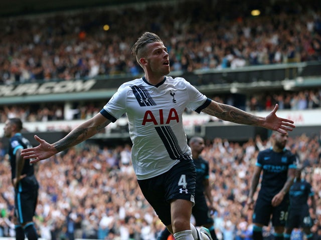 Tottenham Hotspur's Belgian defender Toby Alderweireld celebrates scoring their second goal during the English Premier League football match between Tottenham Hotspur and Manchester City at White Hart Lane in north London on September 26, 2015