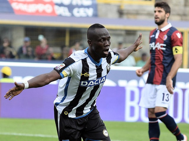 Emmanuel Badu # 7 of Udinese Calcio celebrates after scoring a goal during the Serie A match between Bologna FC and Udinese Calcio at Stadio Renato Dall'Ara on September 27, 2015