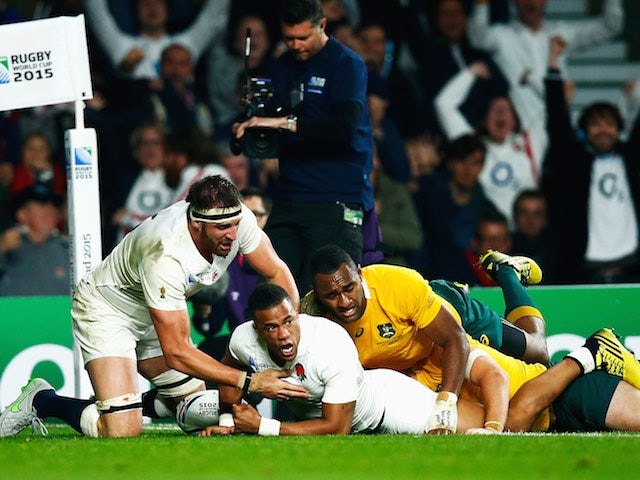Anthony Watson scores for England during the Rugby World Cup match with Australia on October 3, 2015