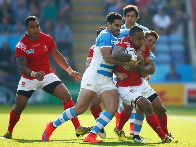 Fetu'u Vainikolo of Tonga is tackled by Jeronimo De La Fuente of Argentina during the 2015 Rugby World Cup Pool C match between Argentina and Tonga at Leicester City Stadium on October 4, 2015 in Leicester, United Kingdom.
