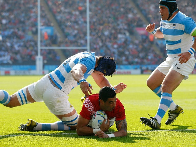 Kurt Morath of Tonga goes over to score their first try during the 2015 Rugby World Cup Pool C match between Argentina and Tonga at Leicester City Stadium on October 4, 2015 in Leicester, United Kingdom. 