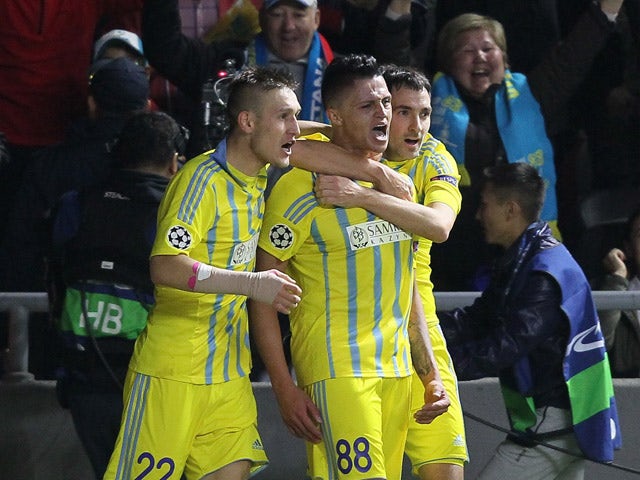 Astana's players celebrate a goal during the UEFA Champions League group C football match between FC Astana and Galatasaray AS at the Astana Arena stadium in Astana on September 30, 2015