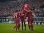Bayern Munich's players celebrate after the fourth goal during the Group F, first-leg UEFA Champions League football match FC Bayern Munich vs GNK Dinamo Zagreb in Munich, on September 29, 2015. 