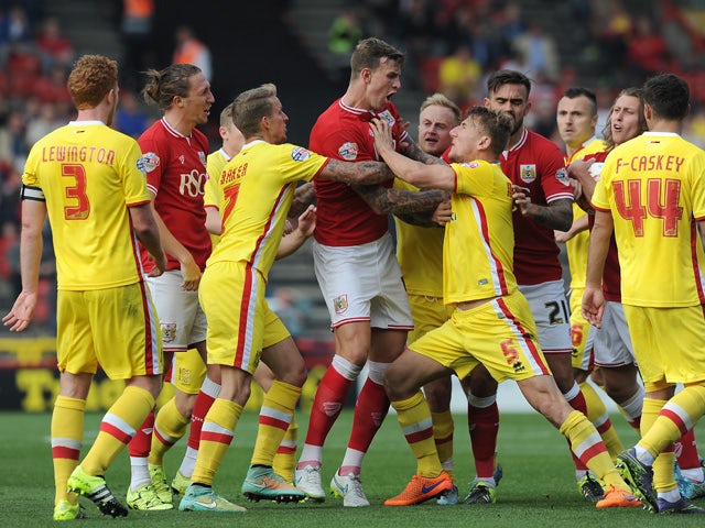 Tempers flare between both teams after a tackle by Jake Forster-Caskey of MK Dons on Bobby Reid of Bristol City during the Sky Bet Championship match between Bristol City and MK Dons at Ashton Gate on October 3, 2015