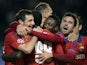CSKA Moscow's players celebrate a goal during the UEFA Champions League group B football match between CSKA Moscow and PSV Eindhoven at the Khimki Arena outside Moscow on September 30, 2015