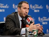 Head coach David Blatt of the Cleveland Cavaliers speaks to the media after their loss to the Golden State Warriors in Game Six of the 2015 NBA Finals at Quicken Loans Arena on June 16, 2015