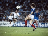French football player Didier Six fights the ball on July 8, 1982 prior the World Cup semifinal match between West Germany and France, in the Estadio Ramón Sánchez Pizjuán stadium in Seville