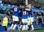Romelu Lukaku of Everton celebrates with team mates after scoring Everton's first goal during the Barclays Premier League match between Everton and Liverpool at Goodison Park on October 4, 2015 in Liverpool, England.