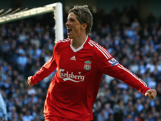 Fernando Torres of Liverpool celebrates scoring his team's second goal during the Barclays Premier League match between Manchester City and Liverpool at The City of Manchester Stadium on October 5, 2008 in Manchester, England.