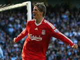 Fernando Torres of Liverpool celebrates scoring his team's second goal during the Barclays Premier League match between Manchester City and Liverpool at The City of Manchester Stadium on October 5, 2008 in Manchester, England.