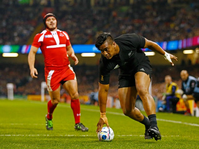 Julian Savea of the New Zealand All Blacks goes over to score their third try during the 2015 Rugby World Cup Pool C match between New Zealand and Georgia at the Millennium Stadium on October 2, 2015 in Cardiff, United Kingdom.