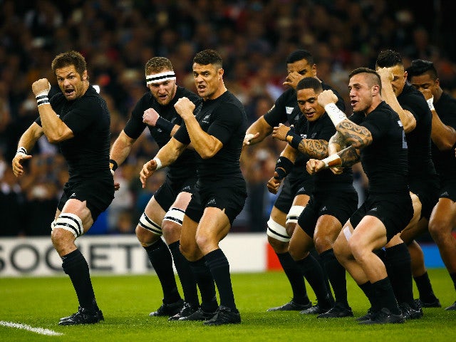 Richie McCaw and Dan Carter of the New Zealand All Blacks perform The Haka during the 2015 Rugby World Cup Pool C match between New Zealand and Georgia at the Millennium Stadium on October 2, 2015 in Cardiff, United Kingdom.