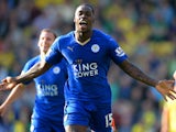 Jeff Schlupp of Leicester City celebrates scoring his team's second goal during the Barclays Premier League match between Norwich City and Leicester City at Carrow Road on October 3, 2015