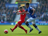 Alberto Moreno of Liverpool is closed down by Tyias Browning of Everton during the Barclays Premier League match between Everton and Liverpool at Goodison Park on October 4, 2015 in Liverpool, England. 