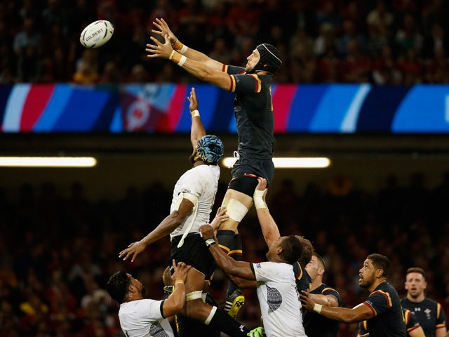 Wales player Luke Charteris wins a lineout ball during the 2015 Rugby World Cup Pool A match between Wales and Fiji at Millennium Stadium on October 1, 2015