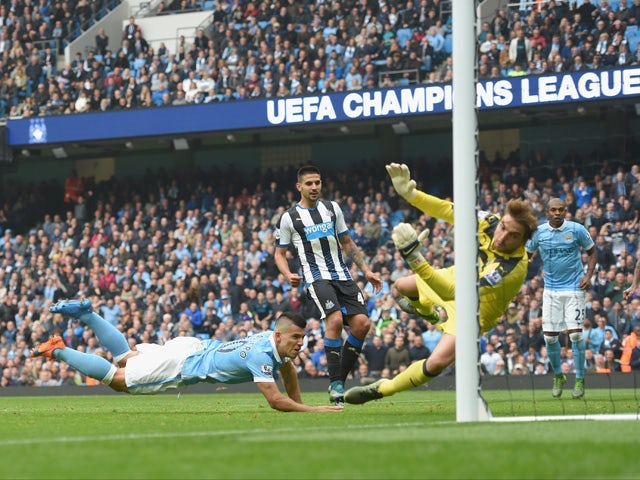 Sergio Aguero of Manchester City scores to make it 1-1 during the Barclays Premier League match between Manchester City and Newcastle United at Etihad Stadium on October 3, 2015