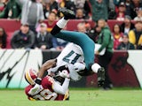 Nelson Agholor #17 of the Philadelphia Eagles is tackled by Chris Culliver #29 of the Washington Redskins at FedExField on October 4, 2015