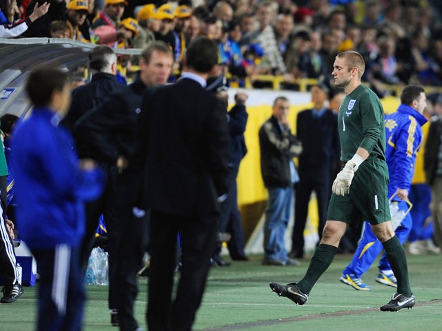 Robert Green of England walks up the tunnel after being sent off during the FIFA 2010 World Cup Group 6 Qualifying match between Ukraine and England at the Dnipro Arena on October 10, 2009
