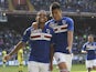 Luis Fernando Muriel (L) of UC Sampdoria celebrates with his team-mate Carlos Joaquin Correa (R) after scoring the opening goal during the Serie A match between UC Sampdoria and FC Internazionale Milano at Stadio Luigi Ferraris on October 4, 2015