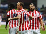 Marko Arnautovic of Stoke City celebrates scoring his team's first goal during the Barclays Premier League match between Aston Villa and Stoke City at Villa Park on October 3, 2015