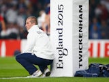 Stuart Lancaster, Head Coach of England looks on during the 2015 Rugby World Cup Pool A match between England and Australia at Twickenham Stadium on October 3, 2015 in London, United Kingdom. 
