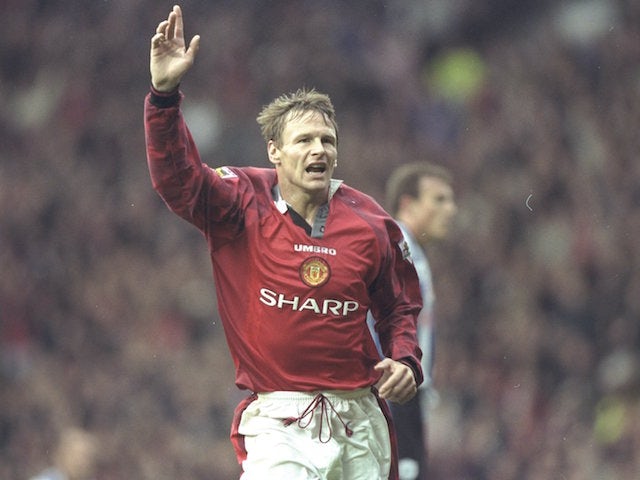 Teddy Sheringham of Manchester United celebrates a goal during the FA Carling Premiership match against Sheffield Wednesday at Old Trafford in Manchester, England. Manchester United won the match 6-1.