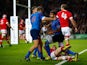Wesley Fofana of France is congratulated by team mates as he scores their first try during the 2015 Rugby World Cup Pool D match between France and Canada at Stadium mk on October 1, 2015
