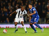Saido Berahino of West Bromwich Albion is watched by Tyias Browning of Everton during the Barclays Premier League match between West Bromwich Albion and Everton on September 28, 2015 in West Bromwich, United Kingdom