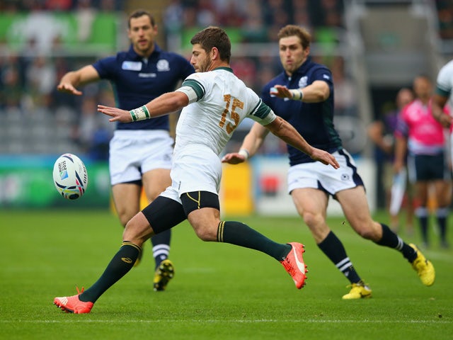Willie Le Roux of South Africa kicks clear during the 2015 Rugby World Cup Pool B match between South Africa and Scotland at St James' Park on October 3, 2015