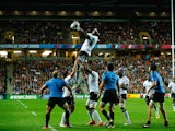 Apisalome Ratuniyarawa of Fiji wins lineout ball during the 2015 Rugby World Cup Pool A match between Fiji and Uruguay at Stadium mk on October 6, 2015 in Milton Keynes, United Kingdom.