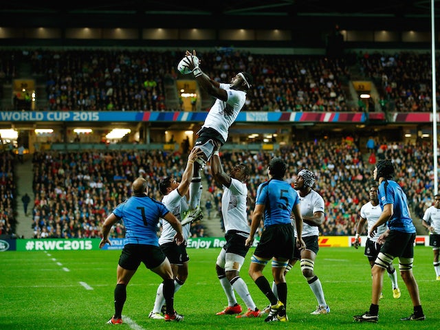 Apisalome Ratuniyarawa of Fiji wins lineout ball during the 2015 Rugby World Cup Pool A match between Fiji and Uruguay at Stadium mk on October 6, 2015 in Milton Keynes, United Kingdom.