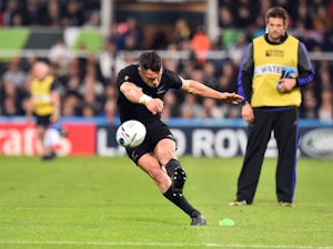 New Zealand's Dan Carter kicks at goal during the Rugby World Cup