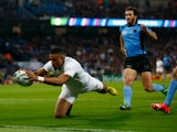 Anthony Watson of England scores the first try during the 2015 Rugby World Cup Pool A match between England and Uruguay at Manchester City Stadium on October 10, 2015 in Manchester, United Kingdom. 