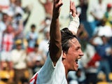 English forward Gary Lineker celebrates after scoring a goal during the World Cup first round soccer match between England and Poland 11 June 1986 in Monterrey. Lineker scored three goals as England defeated Poland 3-0. 