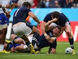 Greig Laidlaw of Scotland scores the third try during the 2015 Rugby World Cup Pool B match between Samoa and Scotland at St James' Park on October 10, 2015
