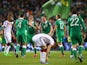 James McCarthy of Republic of Ireland (C) celebrates victory with team mates after the UEFA EURO 2016 Qualifier group D match between Republic of Ireland and Germany at the Aviva Stadium on October 8, 2015 in Dublin, Ireland.
