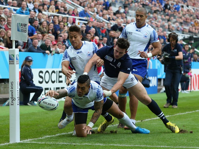 Ken Pisi of Samoa scores the first try during the 2015 Rugby World Cup Pool B match between Samoa and Scotland at St James' Park on October 10, 2015