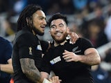Nehe Milner-Skuller celebrates with New Zealand teammate Ma'a Nonu during the Rugby World Cup match against Tonga on October 9, 2015