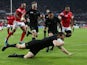 Ben Smith of the New Zealand All Blacks scores the first try during the 2015 Rugby World Cup Pool C match between New Zealand and Tonga at St James' Park on October 9, 2015 in Newcastle upon Tyne, United Kingdom.