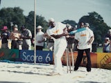 Sir Viv Richards of the West Indies shows off his batting skills during the ECB Cricket Roadshow held at Clapham Common, in London. 