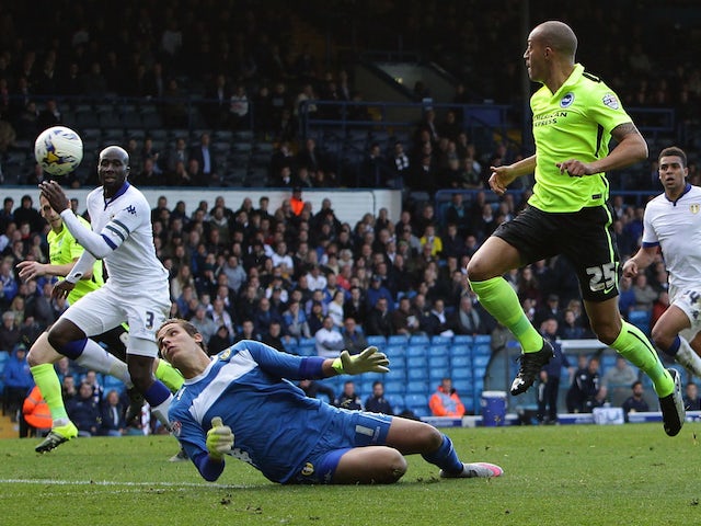Bobby Zamora of Brighton & Hove Albion FC scores a goal for Brighton & Hove Albion FC during the Sky Bet Championship match between Leeds United and Brighton & Hove Albion at Elland Road on October 17, 2015 in Leeds, England. 