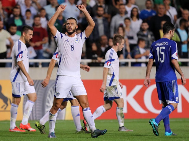 Bosnia and Herzegovina's Haris Medunjanin celebrates after scoring a goal during the Euro 2016 qualifying football match against Cyprus on October 13, 2015