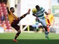 Lionel Ainsworth of Motherwell vies with Emilio Izaguirre of Celtic during the Ladbrokes Scottish Premiership match between Motherwell and Celtic at Fir Park on October 17, 2015